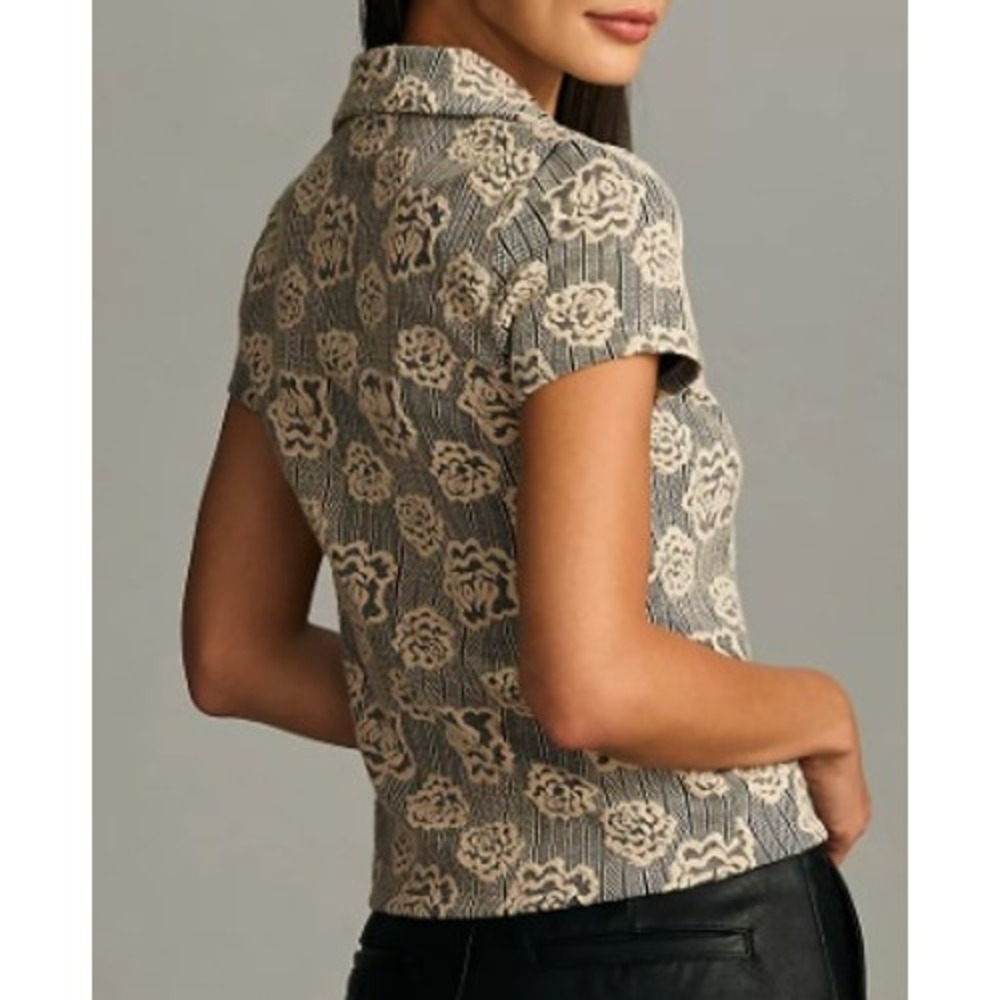 Maeve Polo Top Womens Large Floral Jacquard 1/4 Zip Black Cream Pullover Boho - Picture 4 of 11